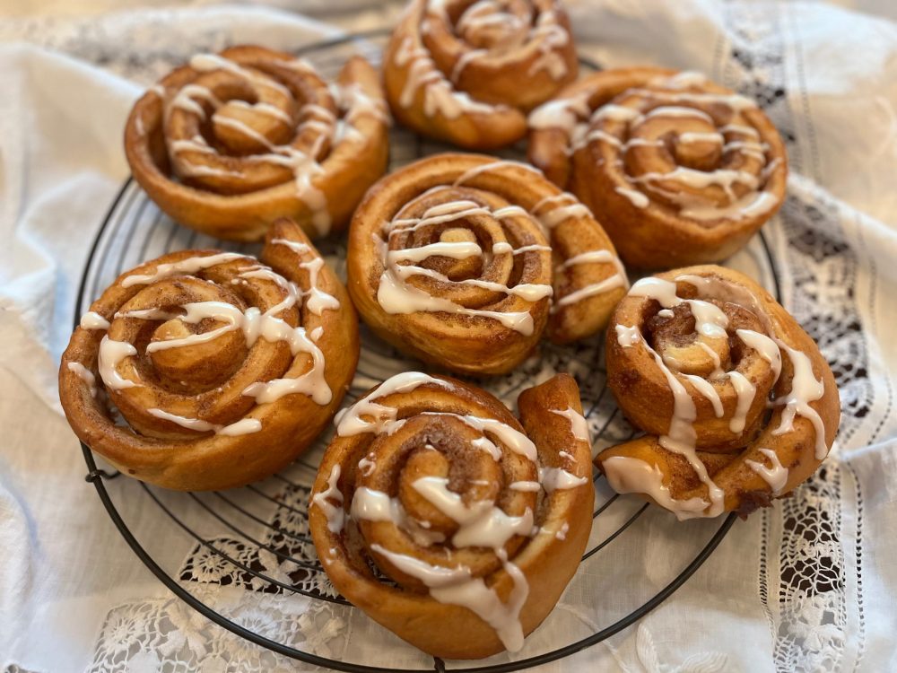 cinnamon roll on rack